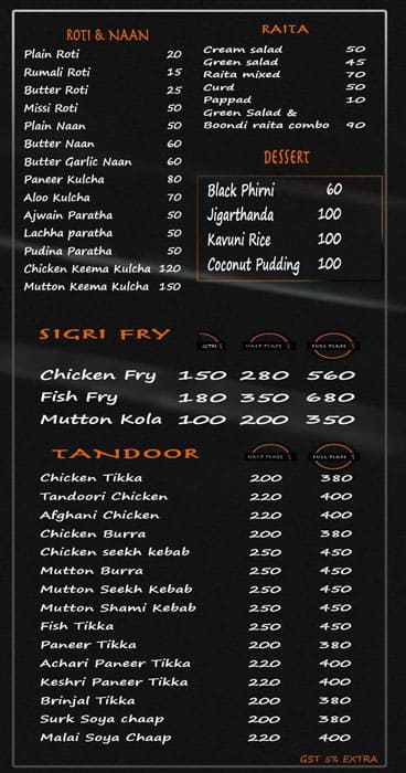 Menu at Sigri the house of biryani and paratha, New Delhi