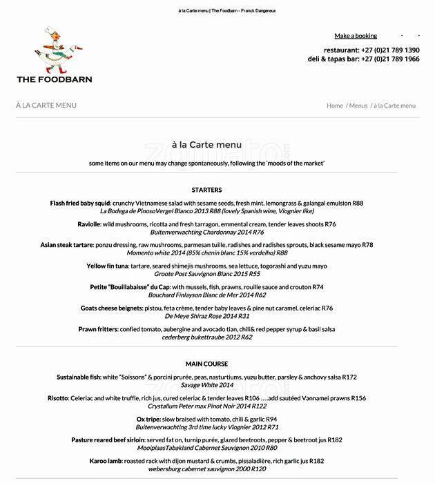 The Foodbarn Menu Menu For The Foodbarn Noordhoek Cape Town