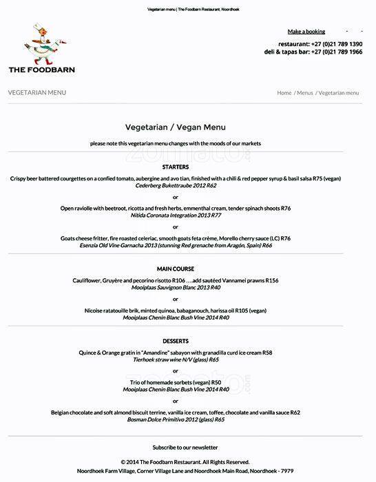 The Foodbarn Menu Menu For The Foodbarn Noordhoek Cape Town