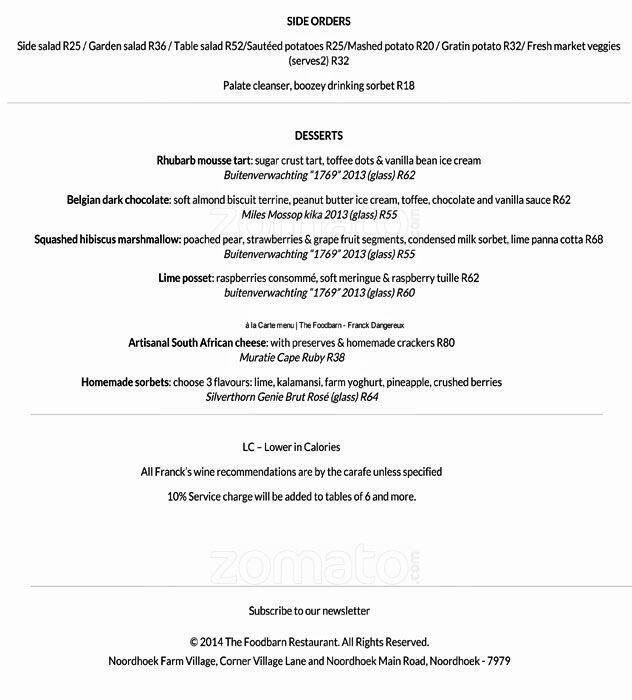 The Foodbarn Menu Menu For The Foodbarn Noordhoek Cape Town