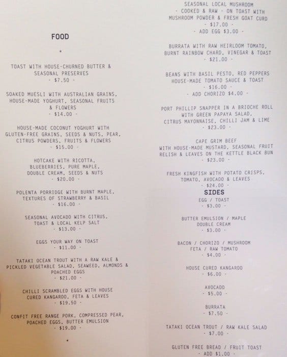 The Kettle Black Menu, Menu untuk The Kettle Black, South Melbourne