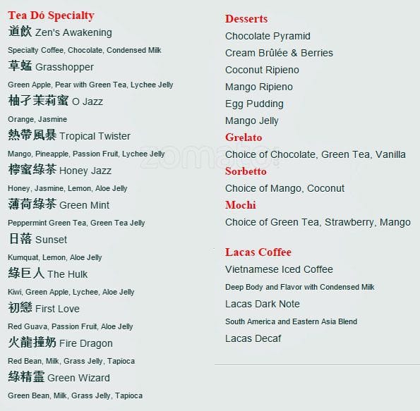 Menu at Tea Do pub & bar, Boston