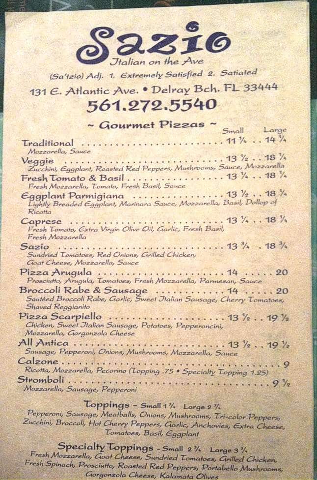 Menu at Sazio restaurant, Delray Beach, 131 E Atlantic Ave