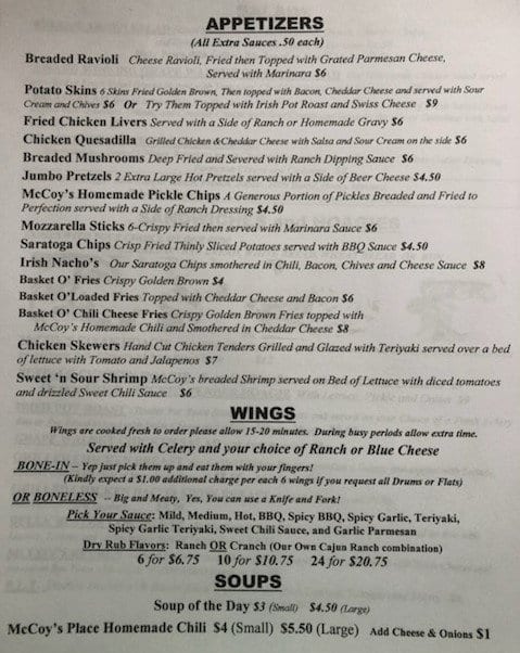 Menu at McCoy's Place Bar and Grill, Cincinnati