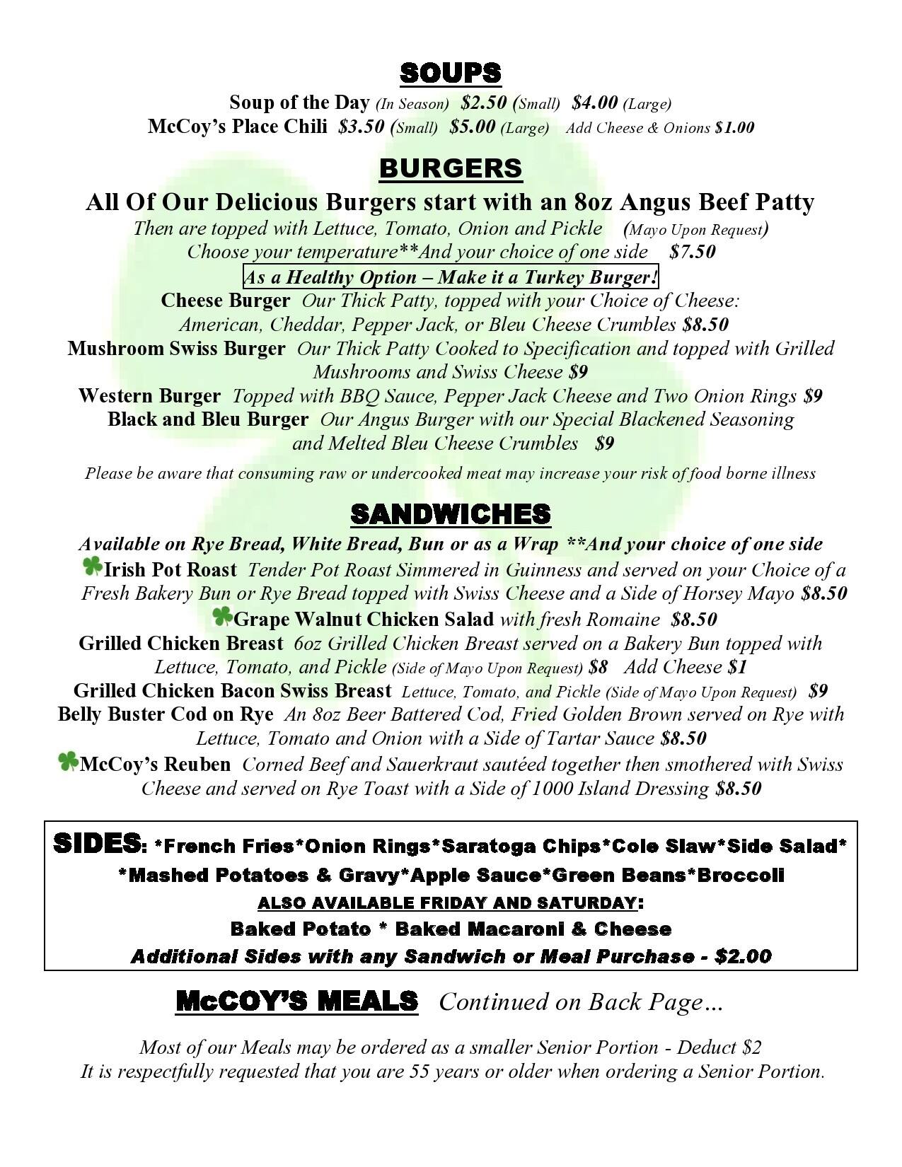 Menu at McCoy's Place pub & bar, Cincinnati