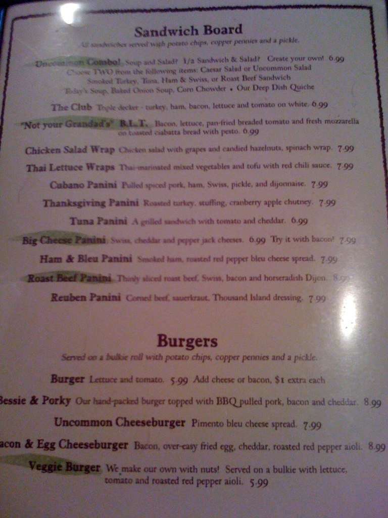 Menu at The Common Man restaurant, Concord
