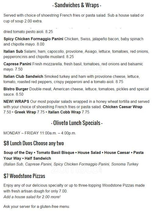 Menu at Oliveto restaurant, Tyler