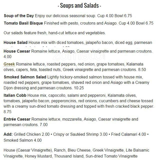 Menu at Oliveto restaurant, Tyler