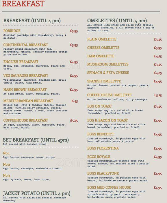 Coffee House & Bistro Menu Zomato UK
