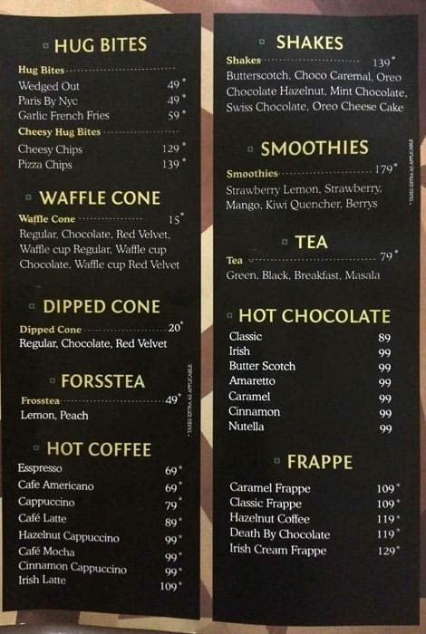 Menu at HUG!, Amritsar