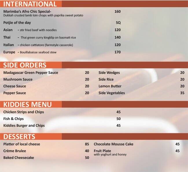 Menu au Marimba restaurant, Le Cap, Corner Coen Steytler Ave