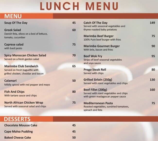 Menu au Marimba restaurant, Le Cap, Corner Coen Steytler Ave