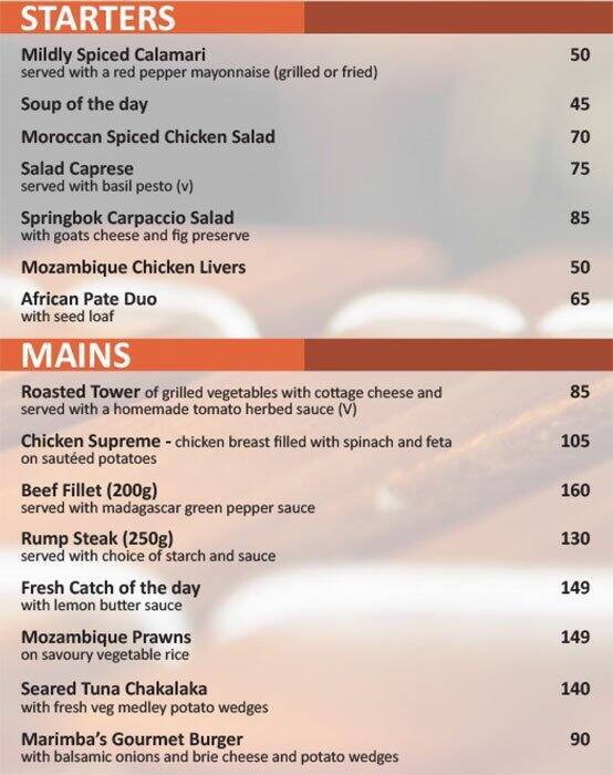 Menu au Marimba restaurant, Le Cap, Corner Coen Steytler Ave