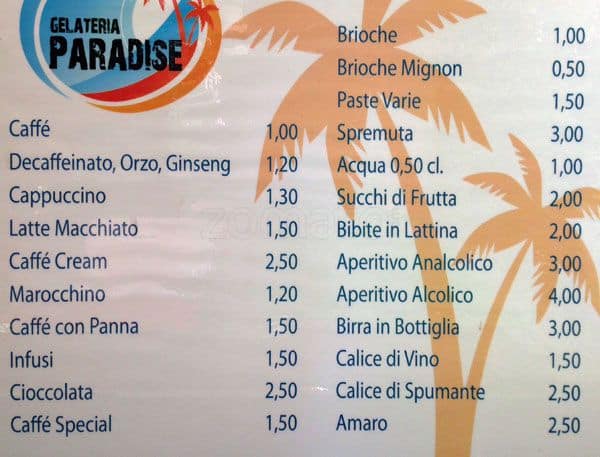 Menu di Gelateria Paradise Milano 