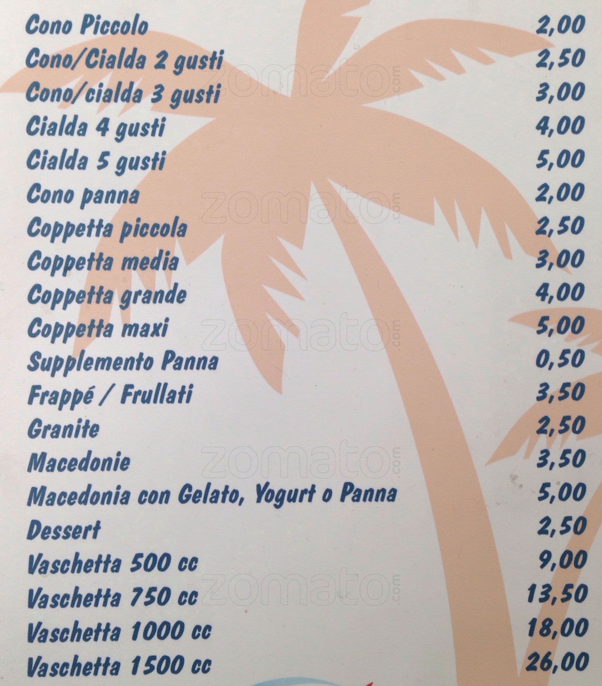 Menu di Gelateria Paradise Milano 