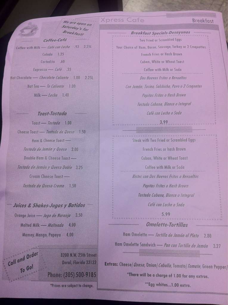 Xpress Cafe menu