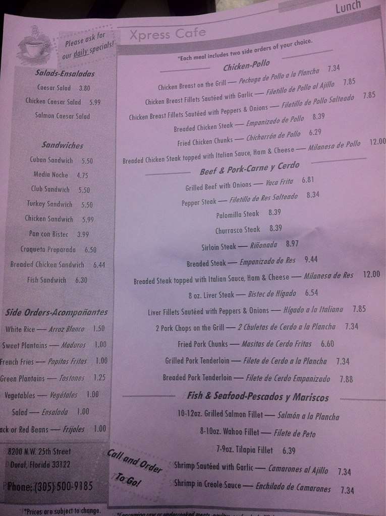 Xpress Cafe menu