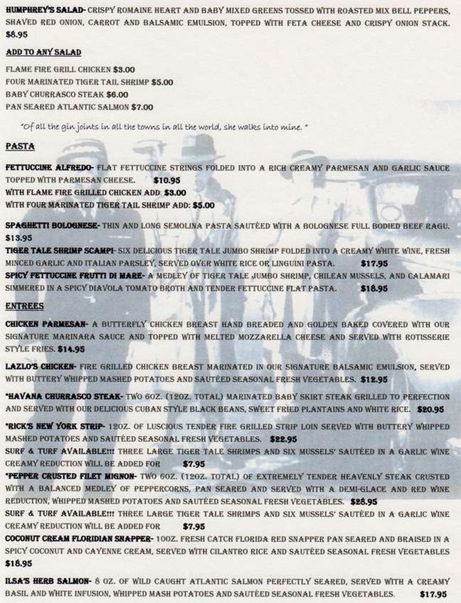 Bogart's in Casablanca menu