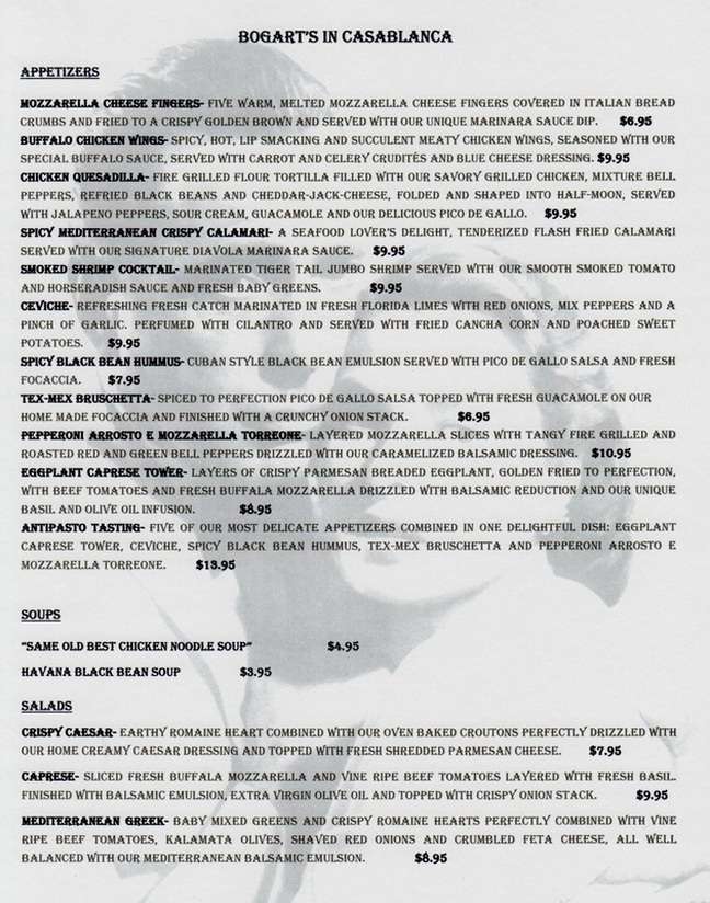 Bogart's in Casablanca menu