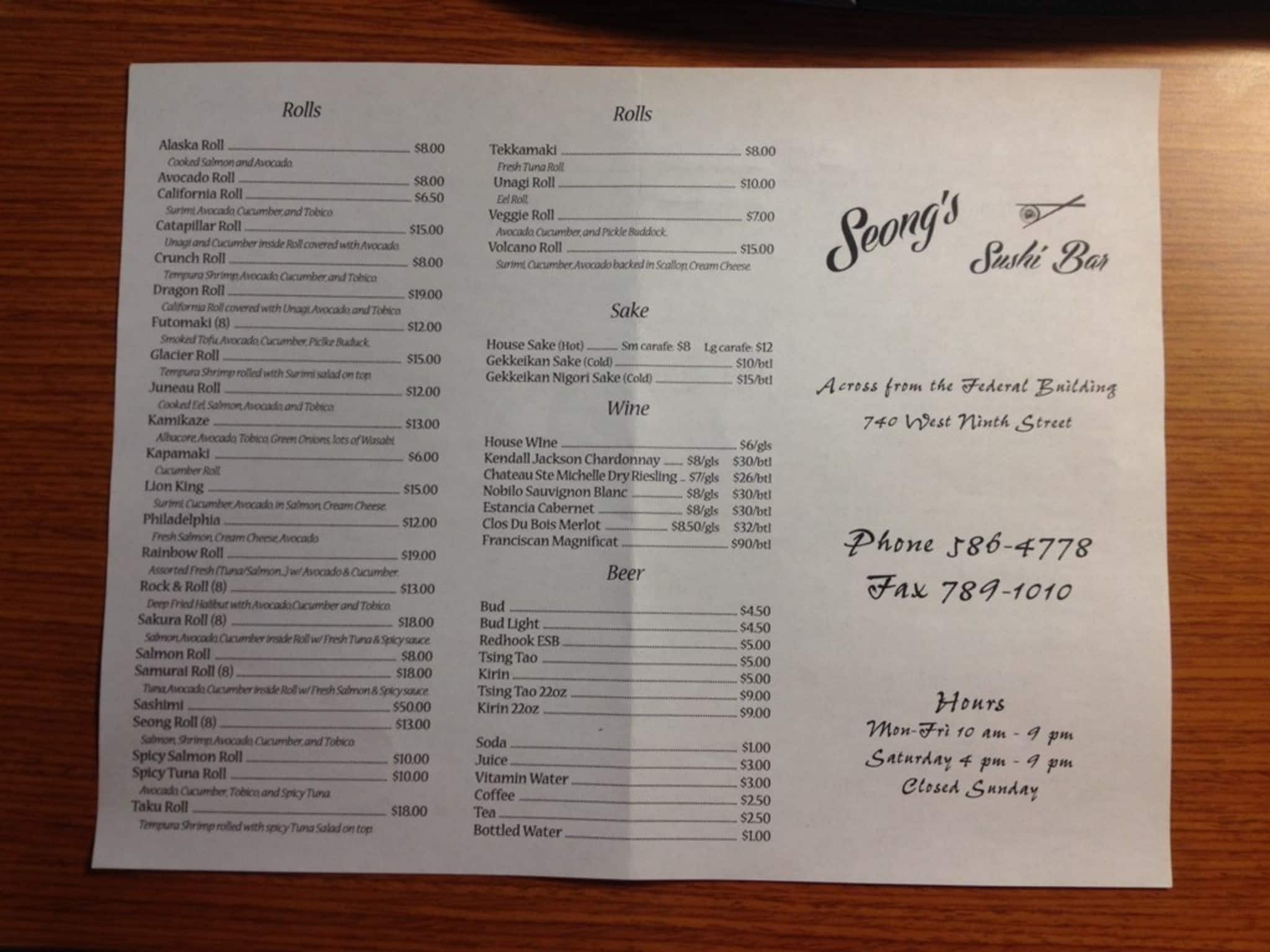 Menu at Seong's Sushi Bar, Juneau