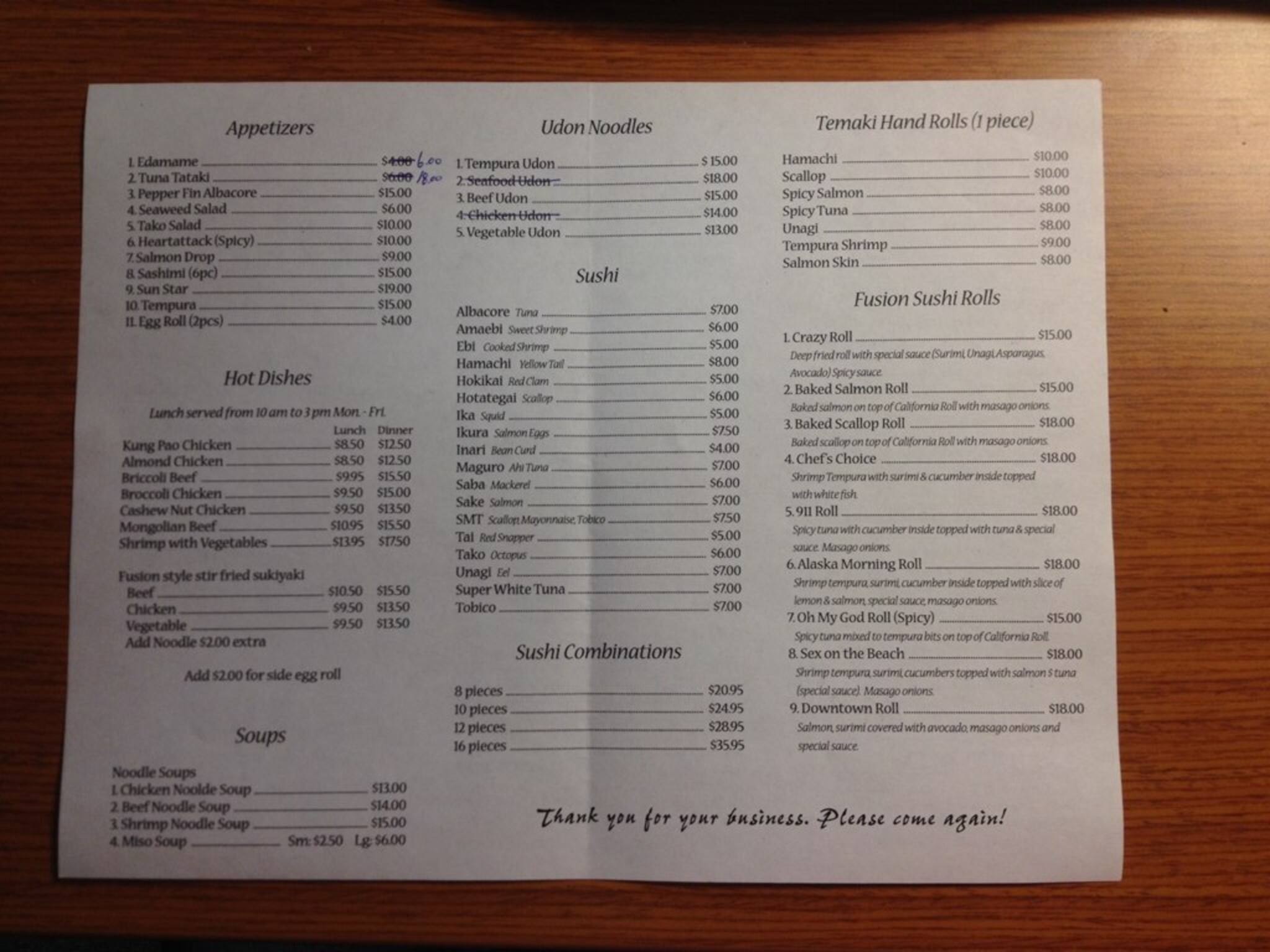 Menu at Seong's Sushi Bar, Juneau