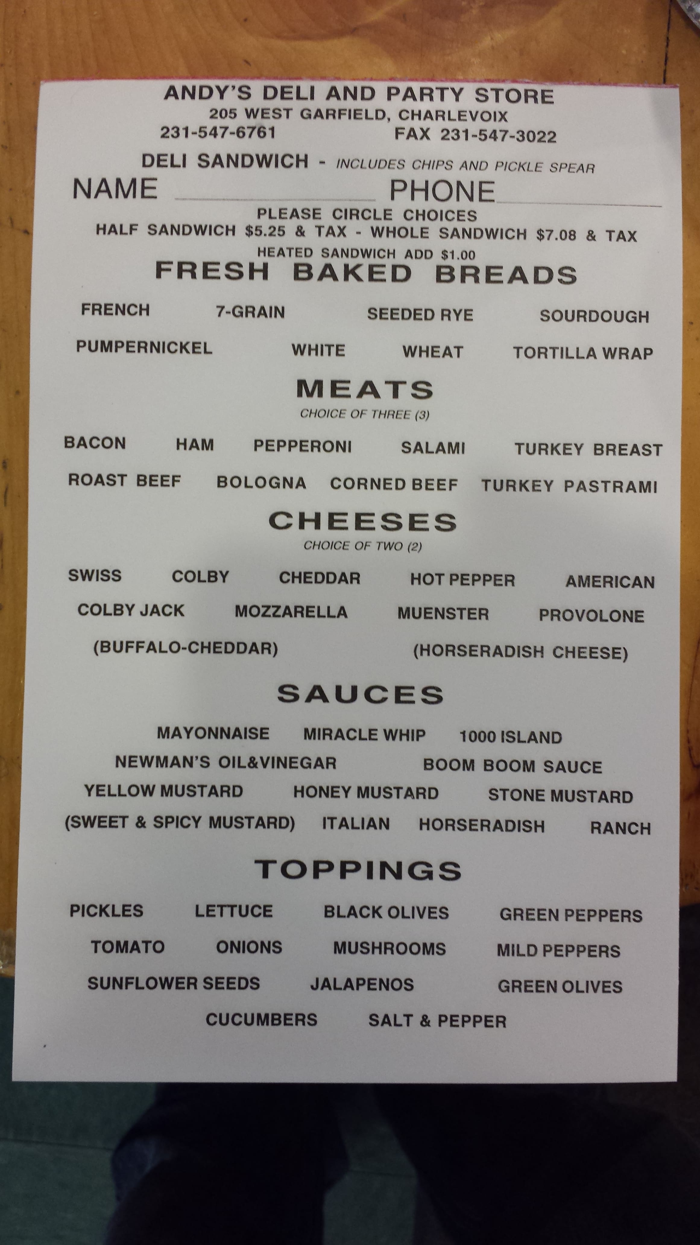 andy's lunch box menu