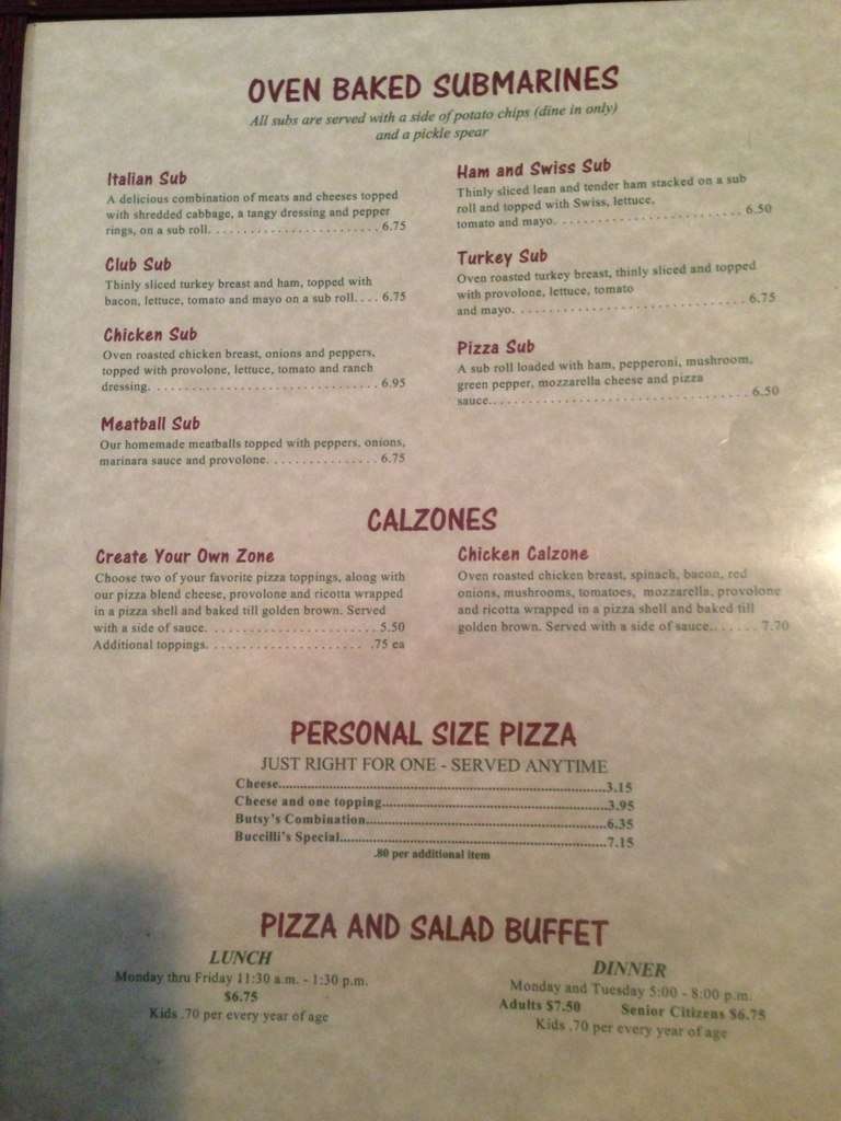Menu at Buccilli's Pizza pizzeria, Houghton Lake