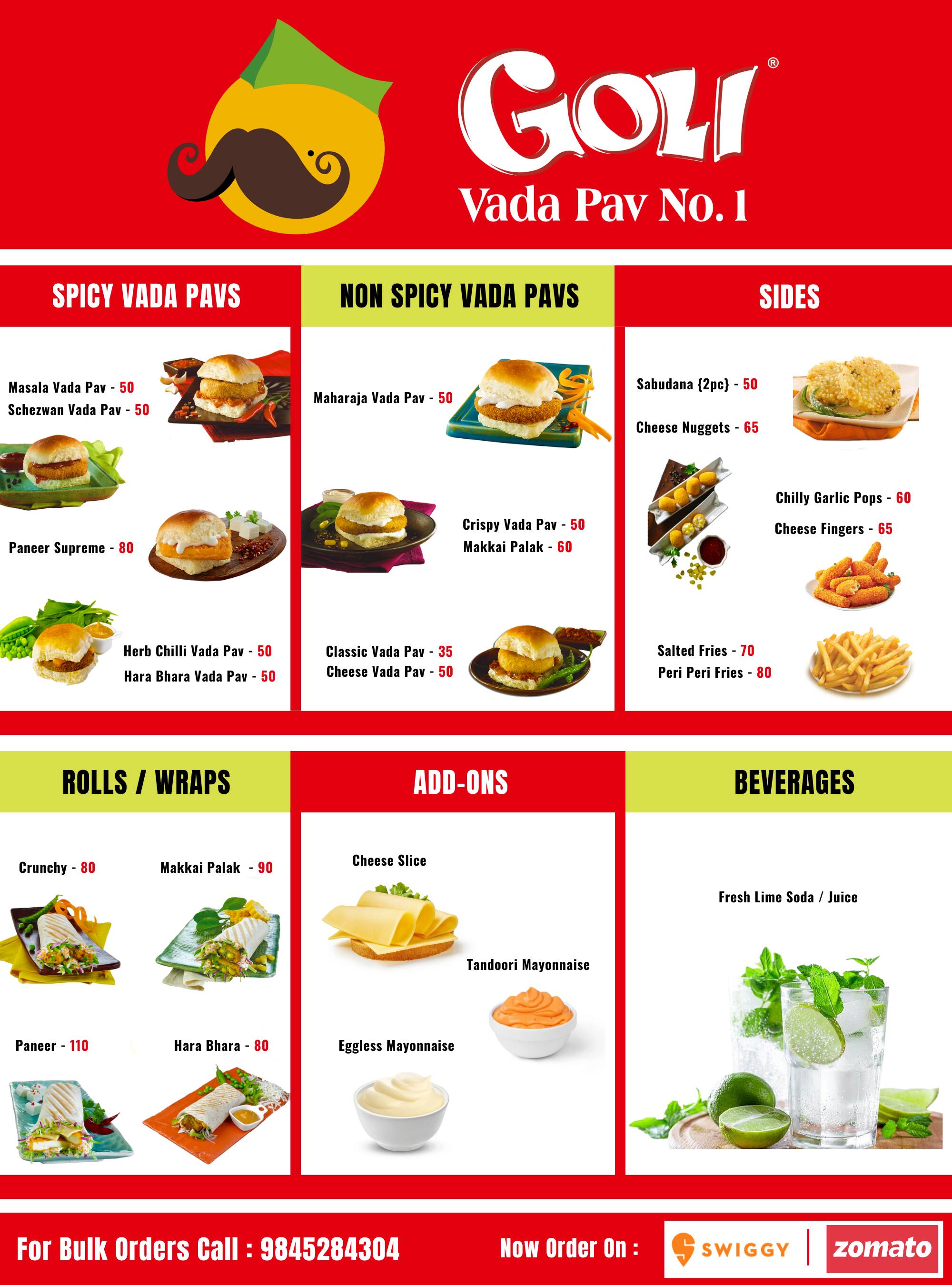 Menu of Goli Vada Pav No. 1, Rajarajeshwari Nagar, Bangalore