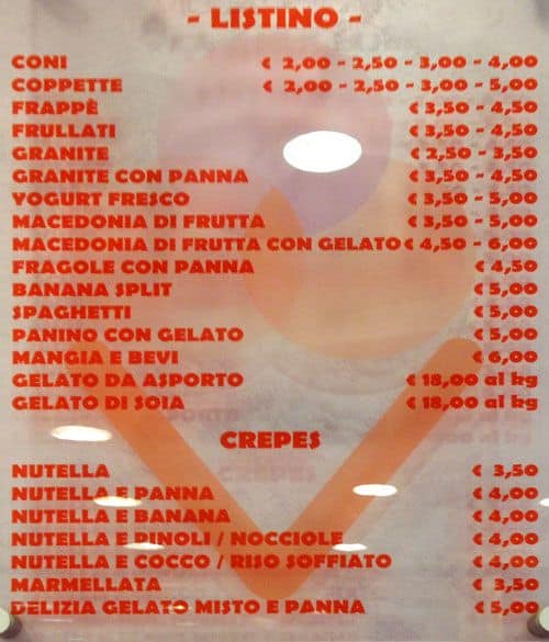 Menu di Violarosso gelateria 