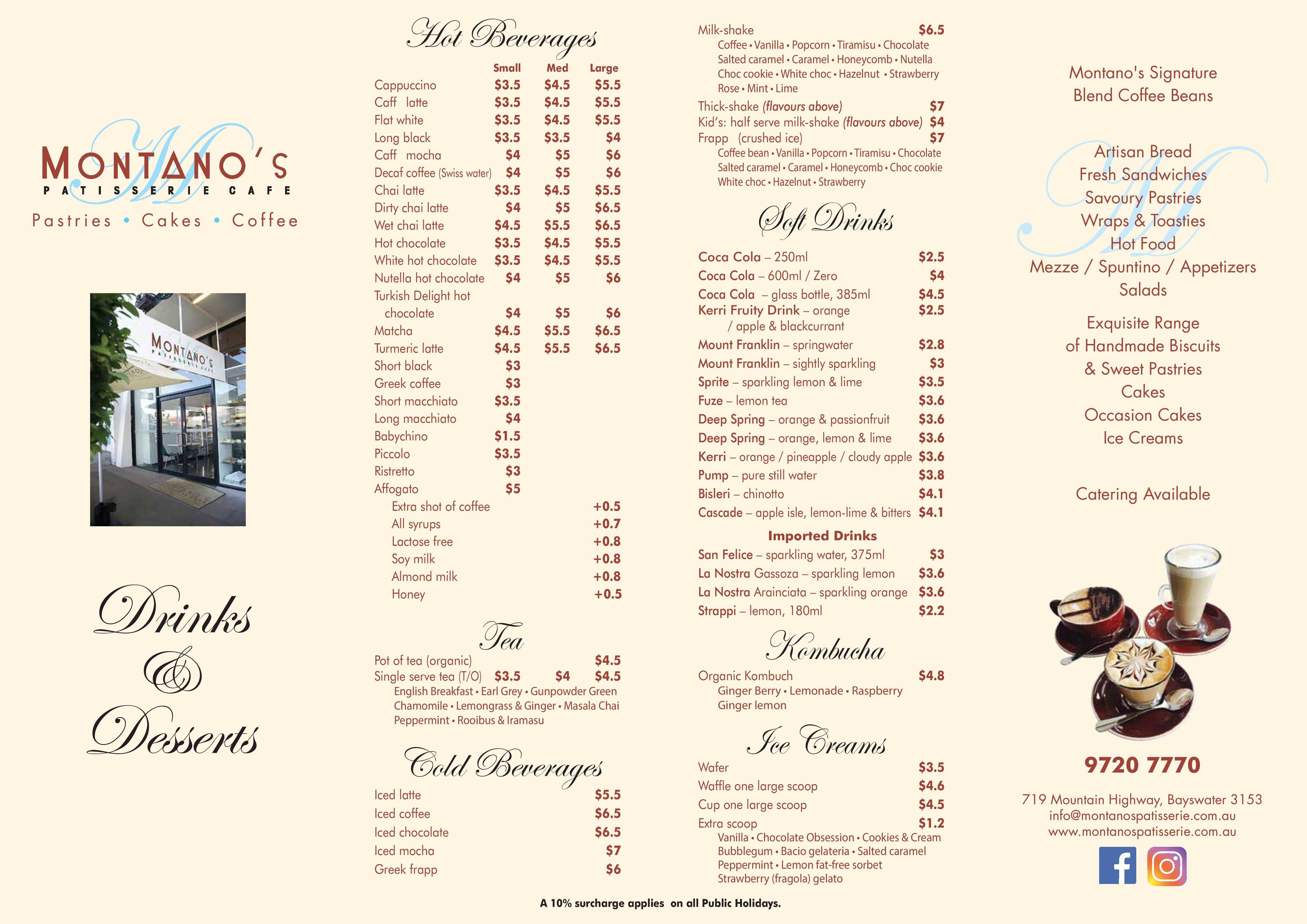 Menu at Montano's Patisserie cafe, Bayswater