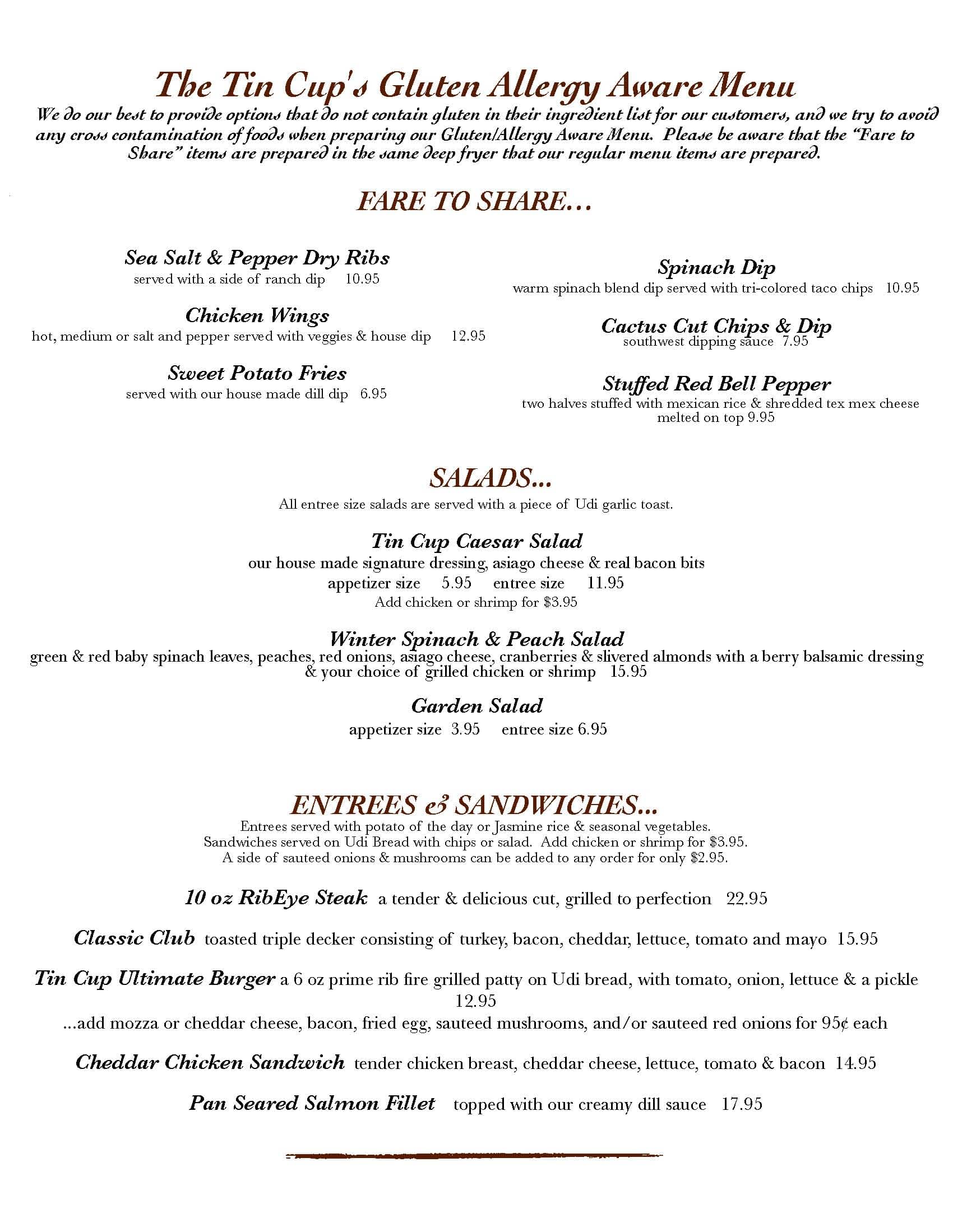 Menu at Tin Cup Restaurant & Patio, Saint Paul, 57 St