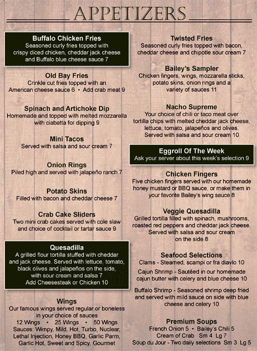 Bailey's Bar and Grille Menu - Urbanspoon/Zomato