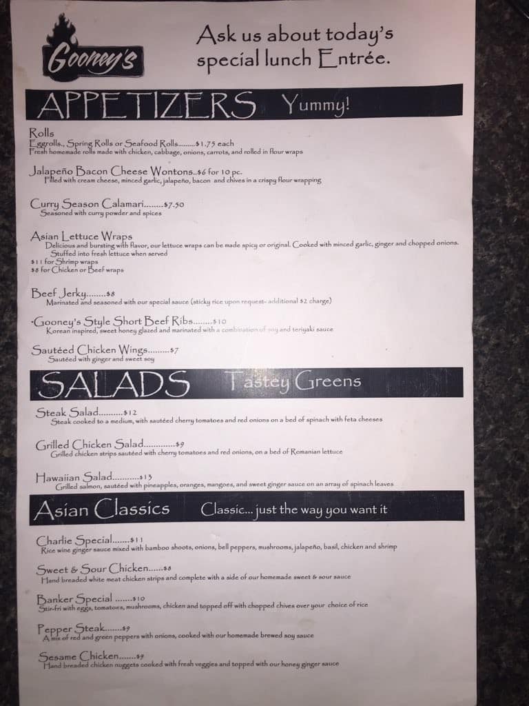 Menu at Gooney's restaurant, Amarillo