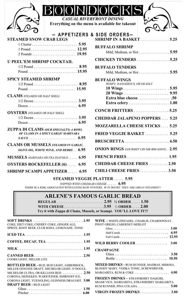 Menu at Boondocks Restaurant, Port Orange