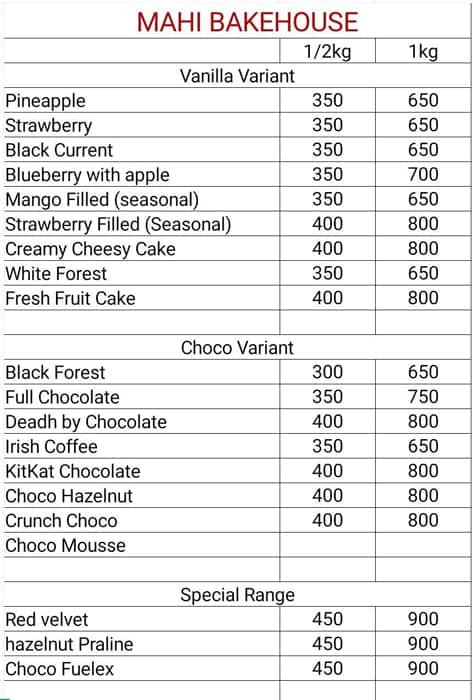 Mahi BakeHouse menu