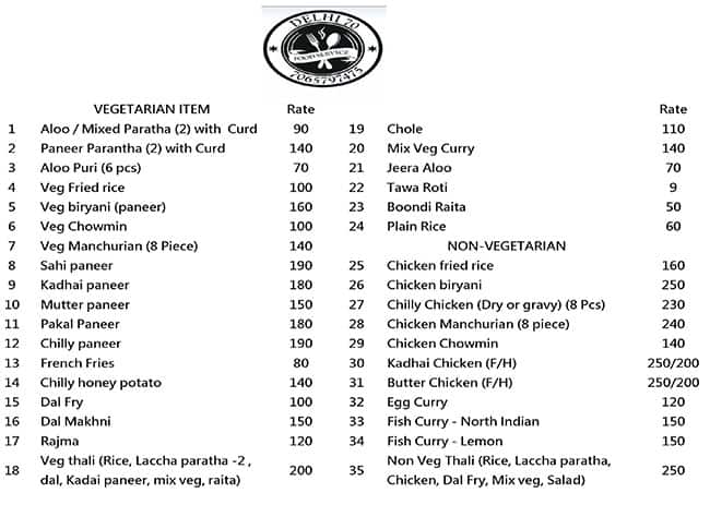 Delhi 70 Kitchen Menu