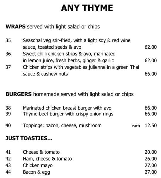 Menu at Thyme & Again cafe, Plettenberg Bay, N2