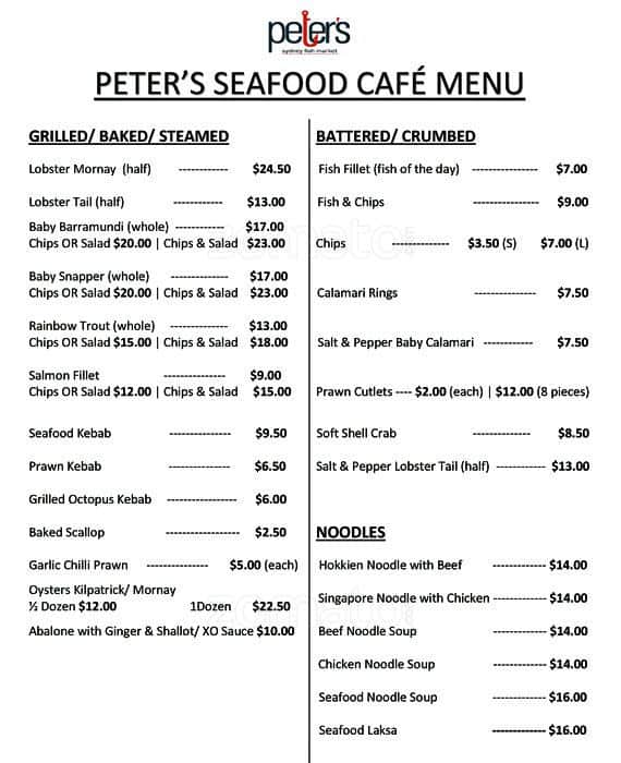 Peter's Seafood Menu, Menu for Peter's Seafood, Pyrmont, Sydney Urbanspoon/Zomato