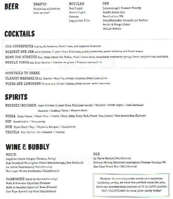 Joe's menu