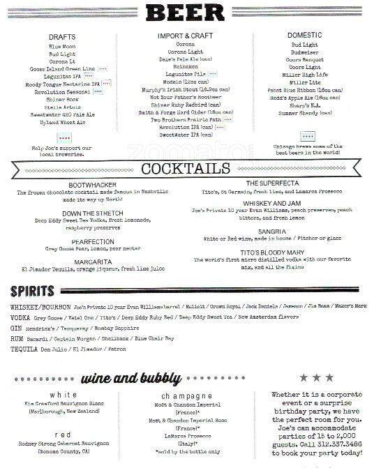 Joe's menu