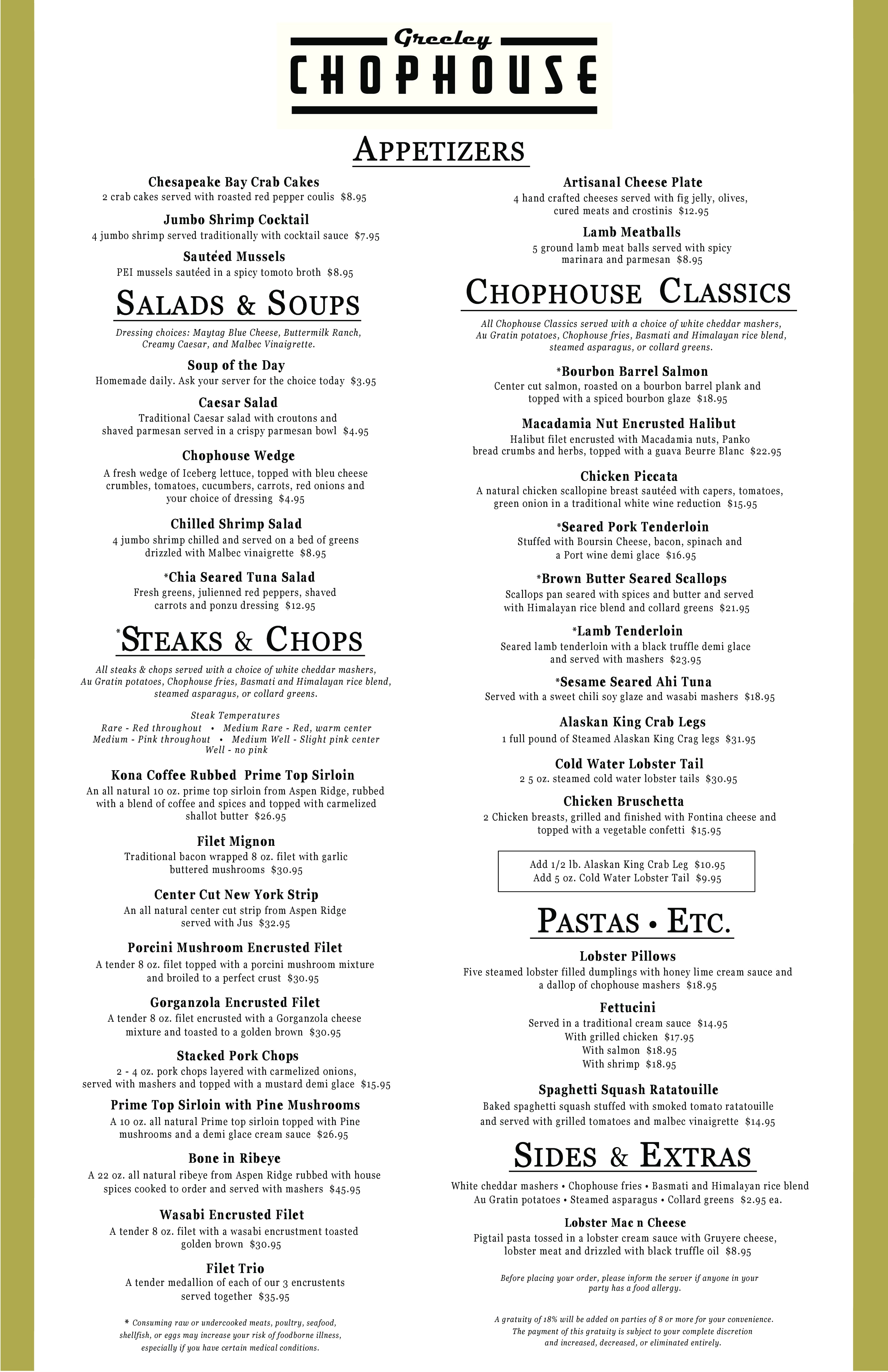 Emma Fantaccione Kinzie's Chophouse Menu