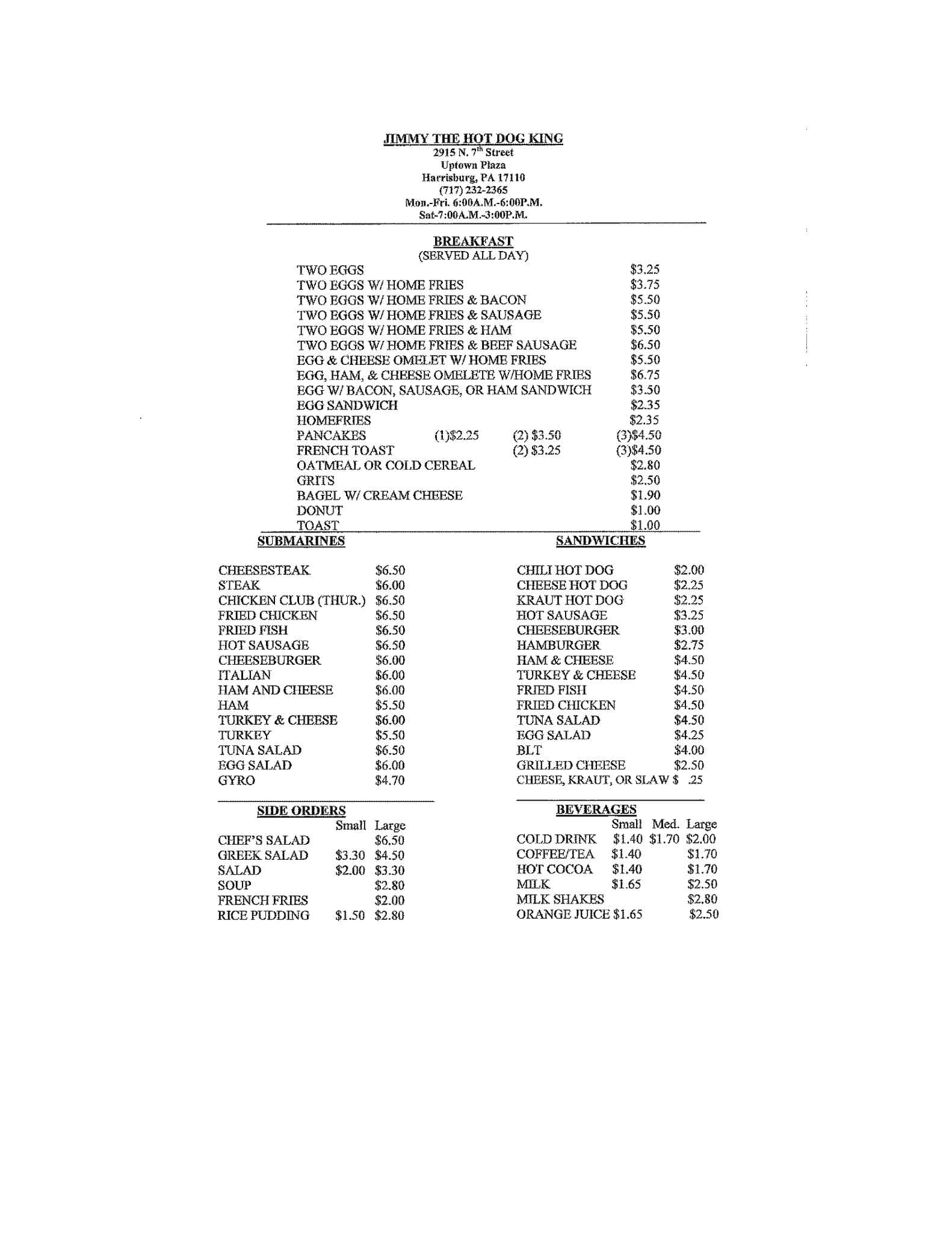 Jimmy The Hot Dog King Menu, Menu for Jimmy The Hot Dog King, Harrisburg, Harrisburg