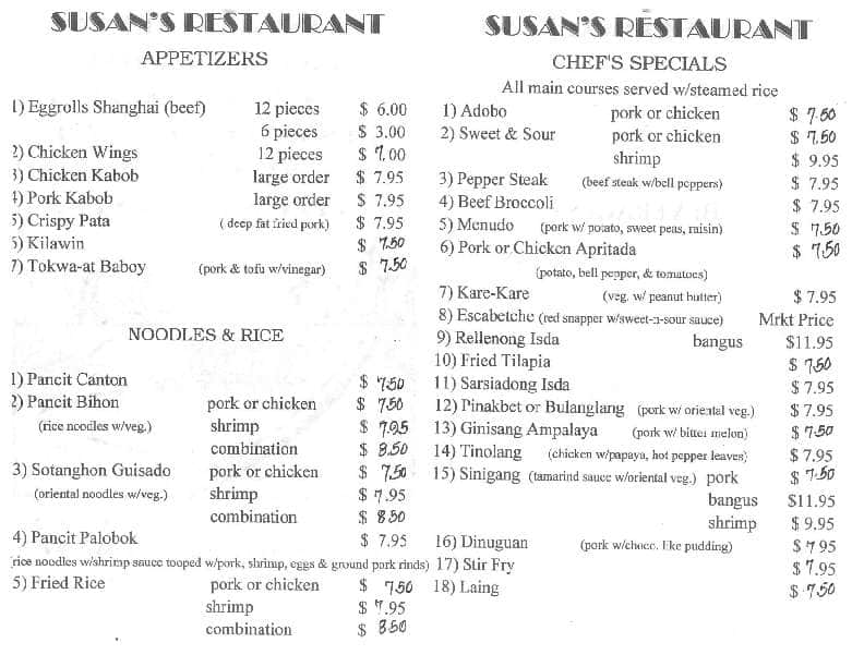 Susan's Catering & Eatery Menu Urbanspoon/Zomato