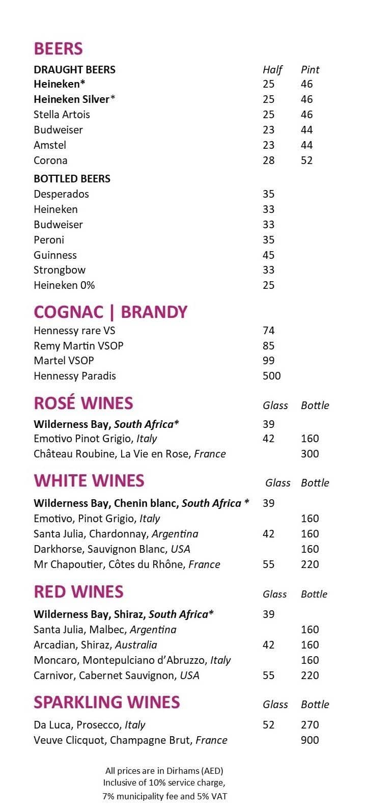 Menu of WXYZ Bar, IMPZ, Dubai