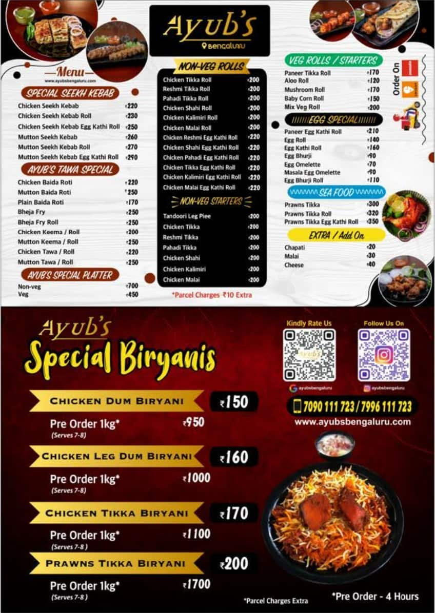 Menu Of Ayub's, Koramangala 5th Block, Bangalore