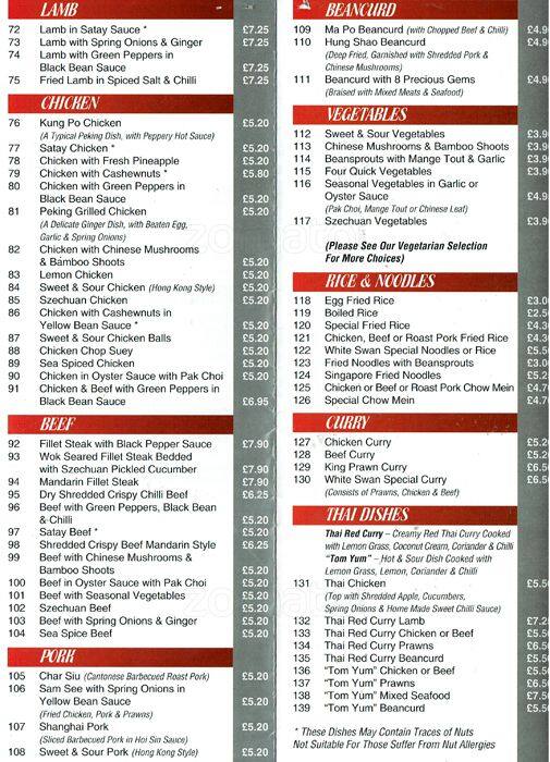 Menu at White Swan restaurant, Woodford, 30 The Broadway