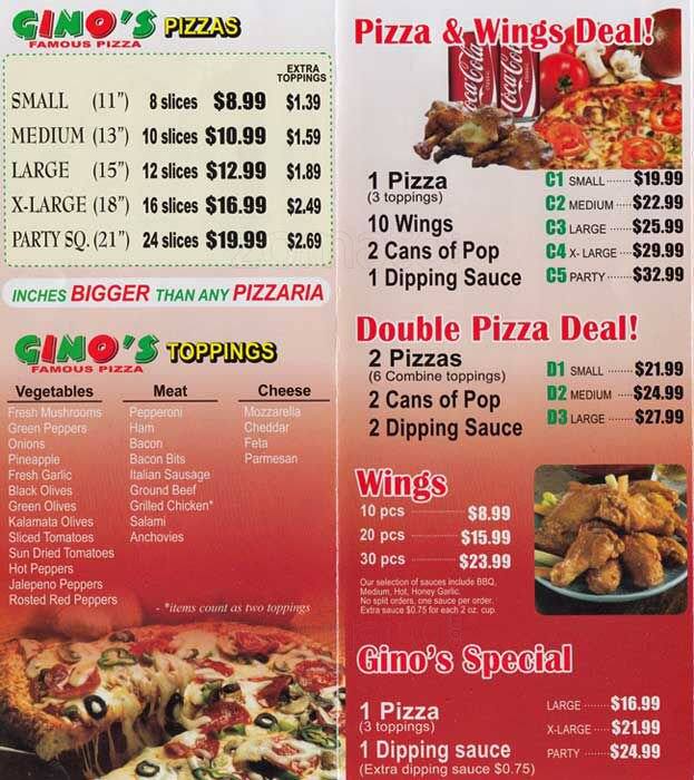 Gino S Famous Pizza Menu Menu For Gino S Famous Pizza Pickering Toronto