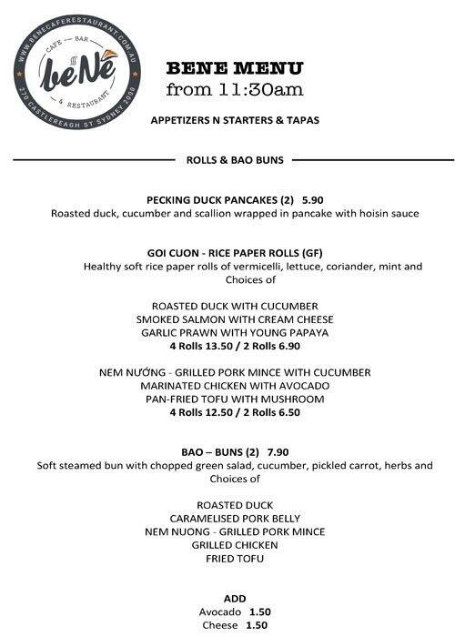 Bene Cafe Bar & Restaurant Menu Urbanspoon/Zomato