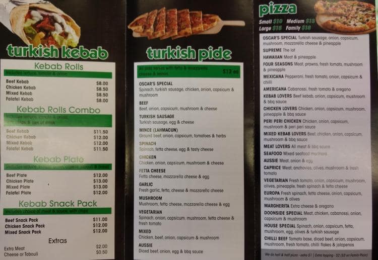 Menu at Oscar's Kebab restaurant, Doonside