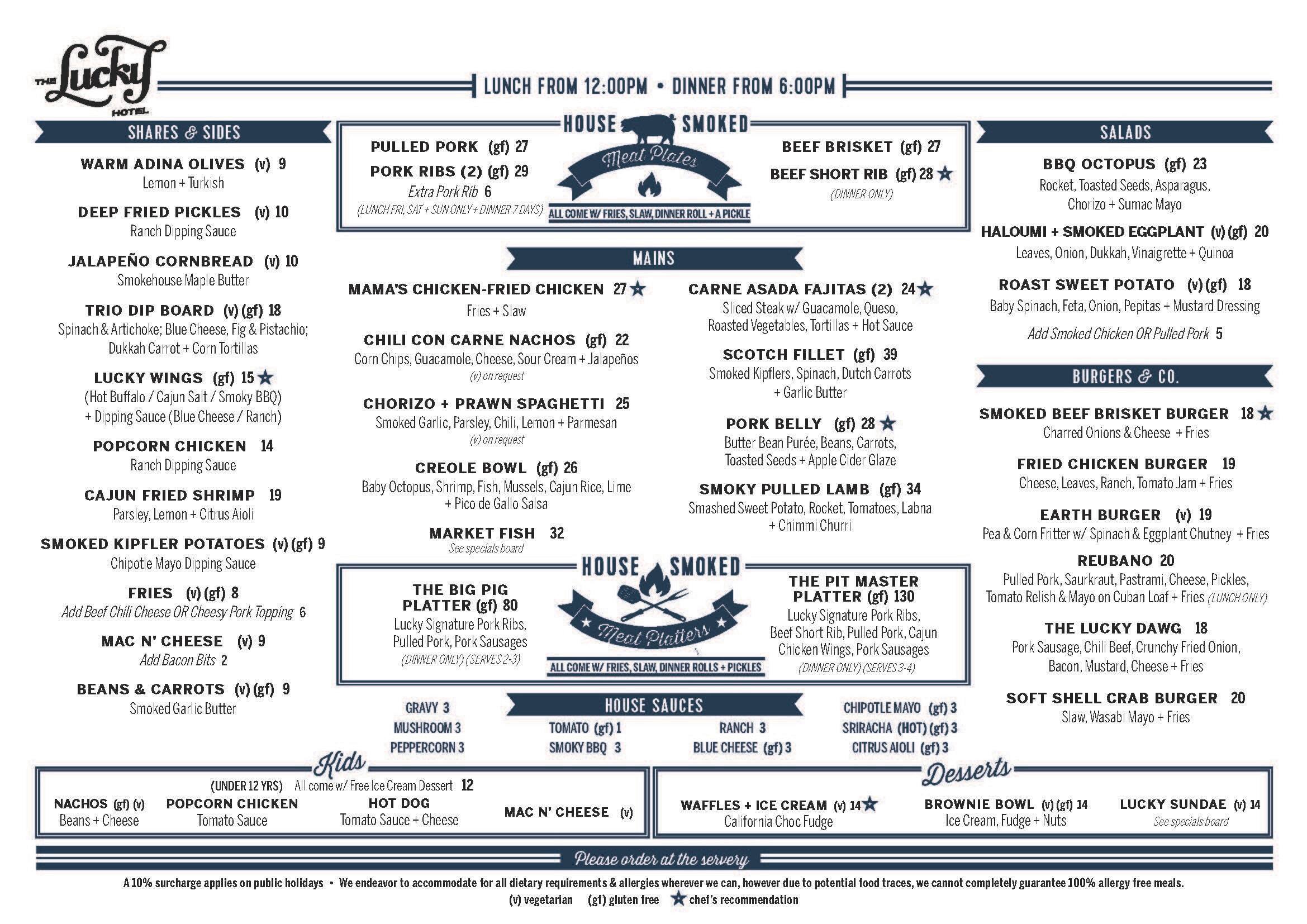 The Lucky Hotel menu, Menu restauracji The Lucky Hotel, Newcastle